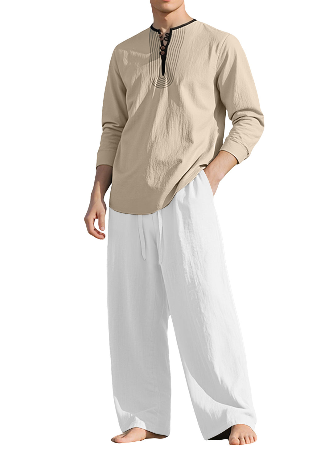 Herren nan Tunika- und Palazzohose-Set mit Henley-Blende, Zierstickerei und weitem Schnitt EB