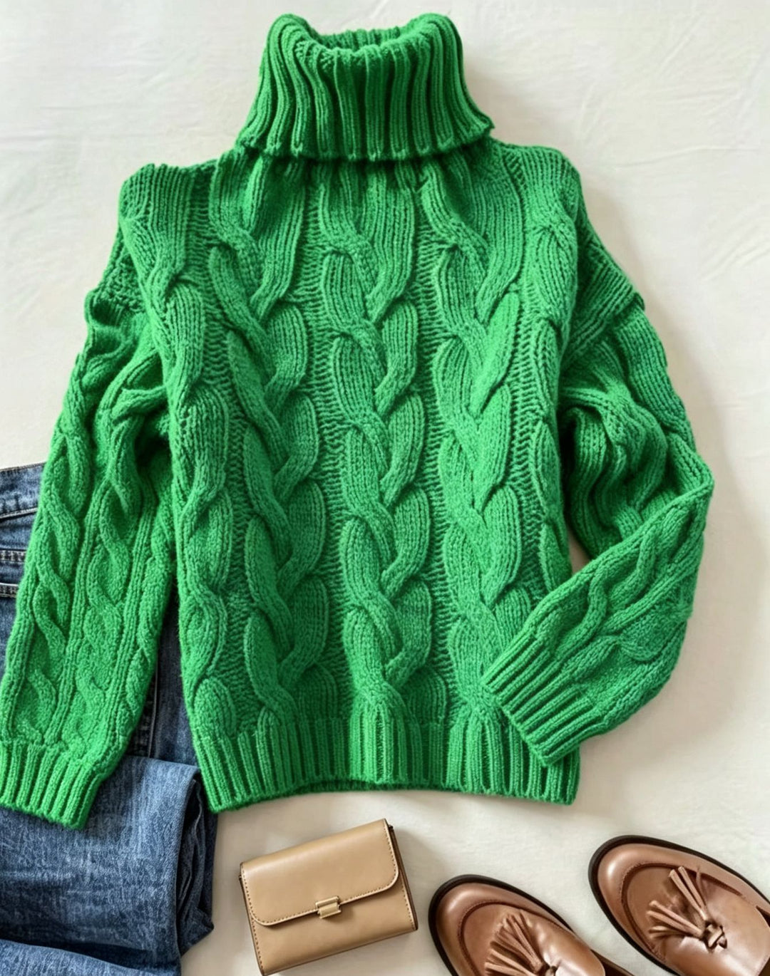 Damen Grobstrick-Rollkragenpullover mit markanten Zopfmustern und gerippten Bündchen EB