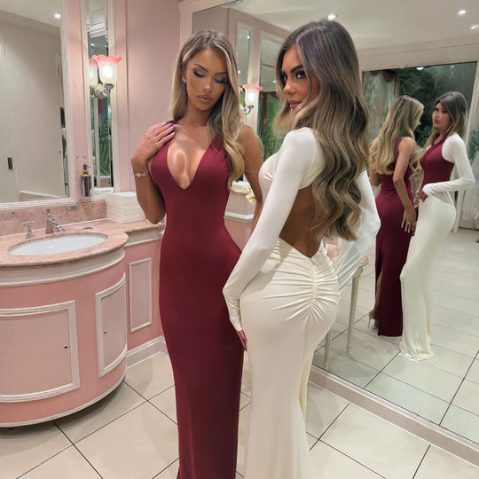 Damen Glamouröses Abendkleid mit tiefem V-Ausschnitt und figurbetontem Schnitt EB