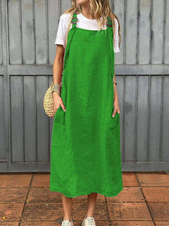 Damen Leichte Leinenkleid mit Taschen EB