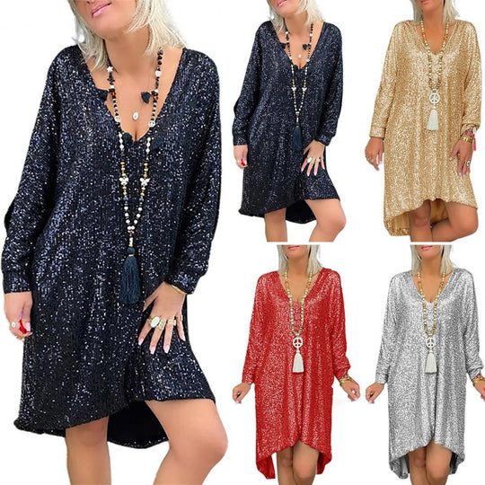 Damen Glitzerndes Oversized Kleid mit V-Ausschnitt und langen Ärmeln EB