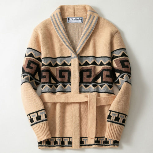 Damen Strickjacke mit grafischem Muster und Gürtel EB