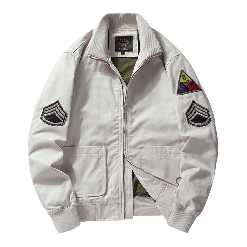 Herren Baumwoll-Canvas-Bomberjacke mit gestickten Patches und Stehkragen EB