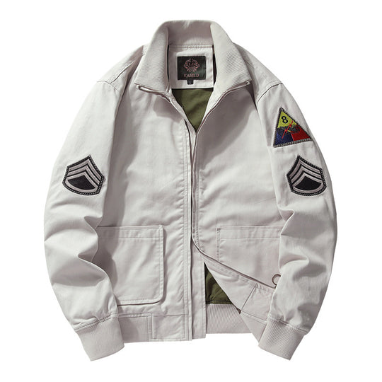 Herren Baumwoll-Canvas-Bomberjacke mit gestickten Patches und Stehkragen EB