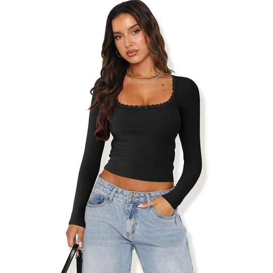 Damen Langarmshirt mit eleganter Rüsche und körpernaher Passform EB