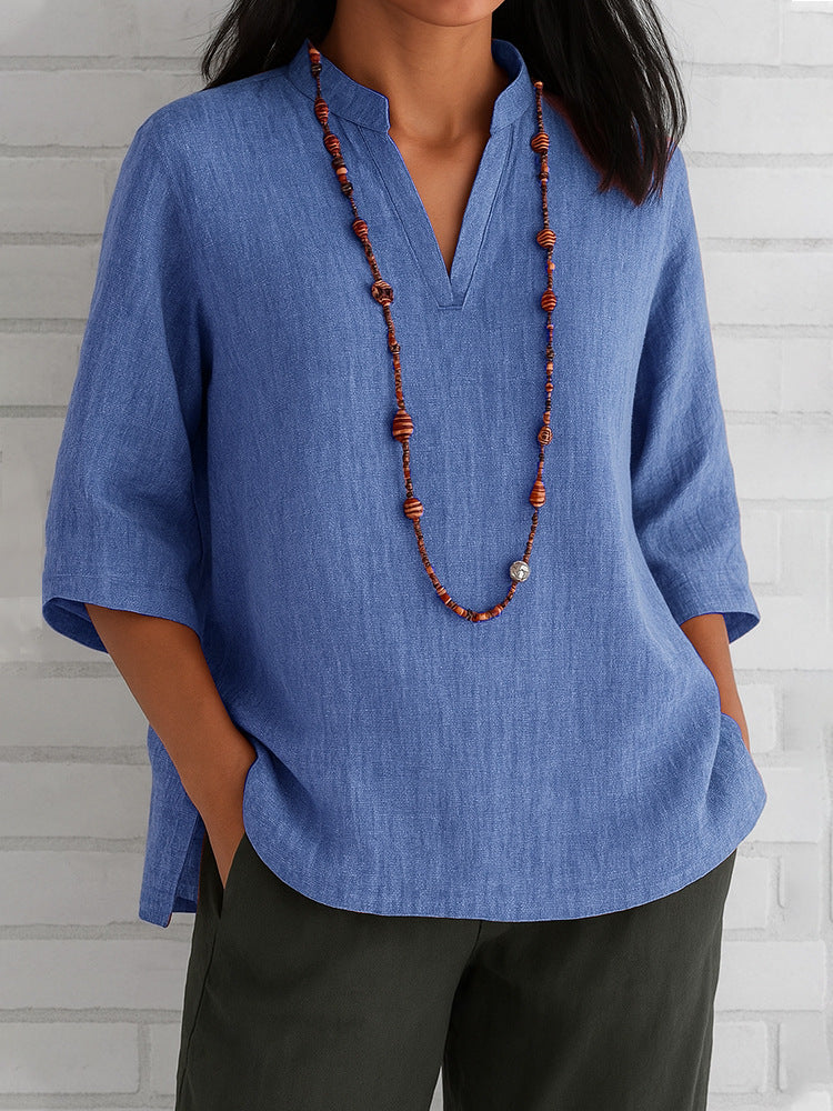 Damen lässige Bluse mit V-Ausschnitt und seitlichen Taschen EB