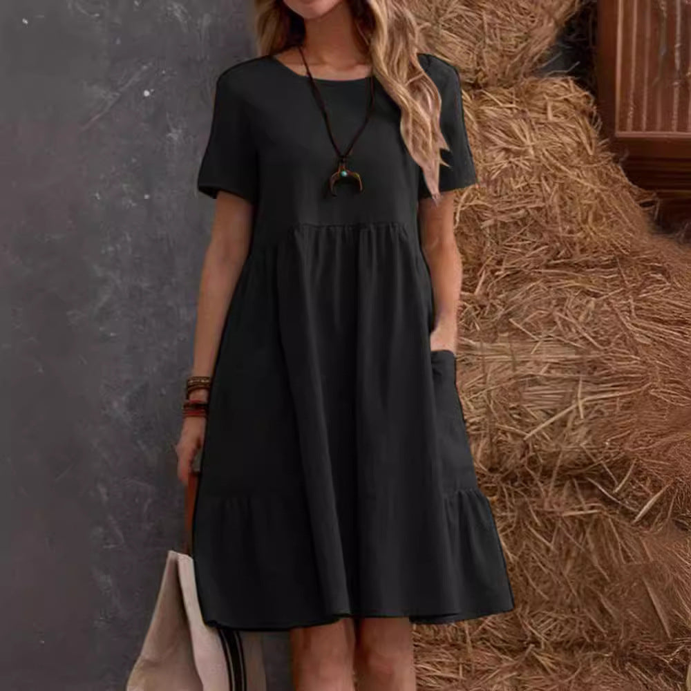 Damen Lockeres Baumwollkleid mit Taschen und Volant EB
