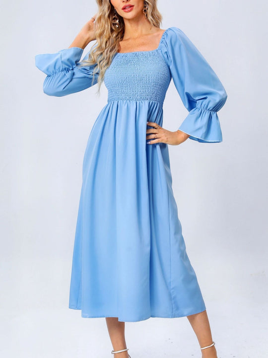 Damen Midikleid mit elastischen Puffärmeln und romantischem Taillenzug EB