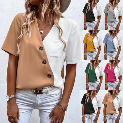 Damen Kurzarm Bluse mit asymmetrischem Schnitt und Knopfdetails EB