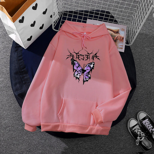 Damen nan leichter Oversize Kapuzenpullover mit Herz‑EKG‑Motiv, langen Kordeln und elastischem Bund EB