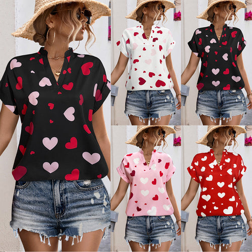 Damen luftiges Blusenshirt mit herzförmigem Print und lockerer Passform EB