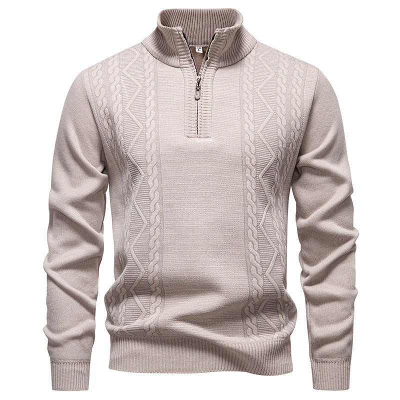 Herren nan gehobener Strickpullover mit Halbzip, Stehkragen und dekorativem Zopfmuster EB
