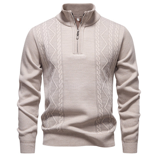 Herren nan gehobener Strickpullover mit Halbzip, Stehkragen und dekorativem Zopfmuster EB