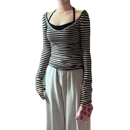 Damen nan gestreiftes Off-Shoulder-Langarmshirt mit diagonaler Zierknopfleiste und figurbetonter Silhouette EB