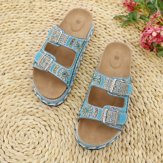 Damen Riemchen-Sandalen mit funkelnden Perlen und verstellbaren Schnallen EB