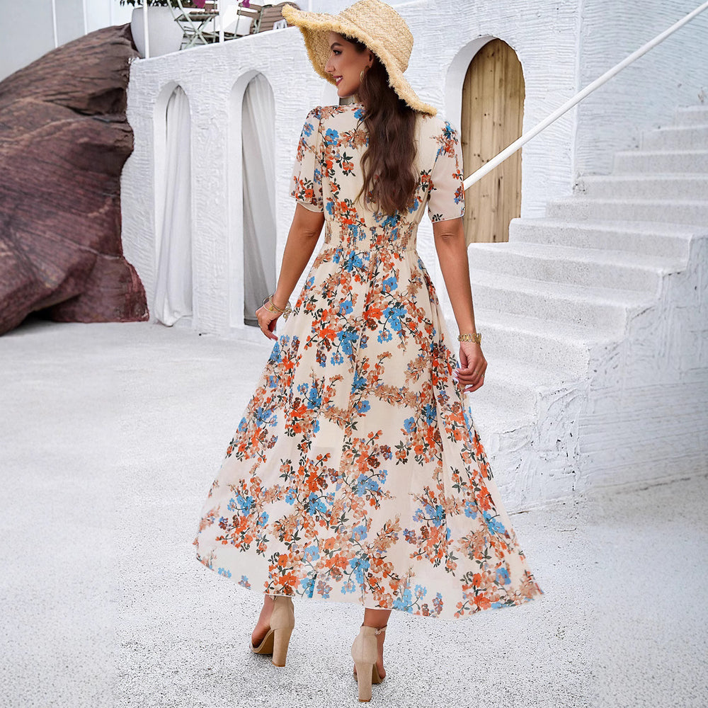 Damen Maxikleid mit floralen Details und elastischem Taillenbund EB