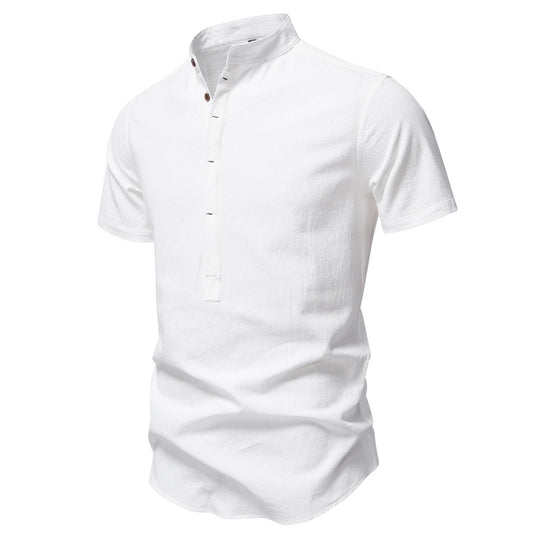 Herren nan lässiges Kurzarmshirt mit Stehkragen, halber Knopfleiste und leicht strukturierter Baumwoll-Leinen-Qualität EB