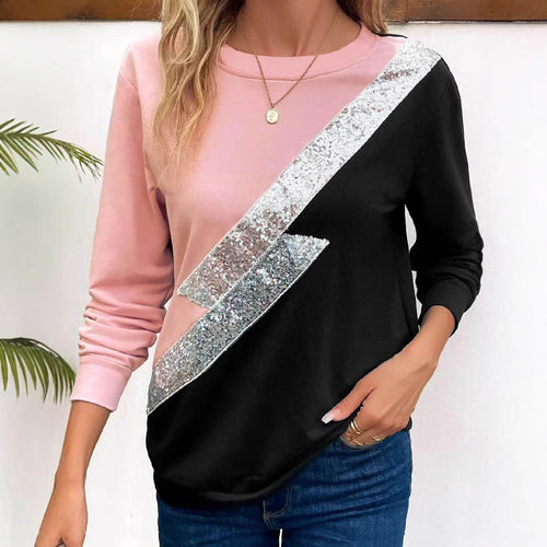 Damen lässiger Sweatshirt mit funkelndem Pailletten-Design und modernem Farbkontrast EB