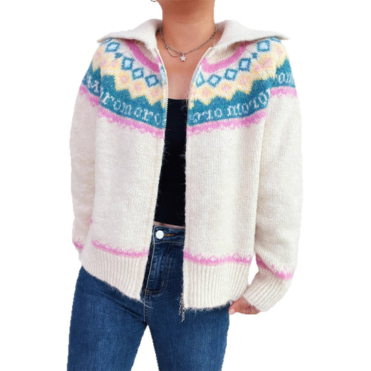 Damen Strickjacke mit buntem Muster und hochwertigem Reißverschluss EB