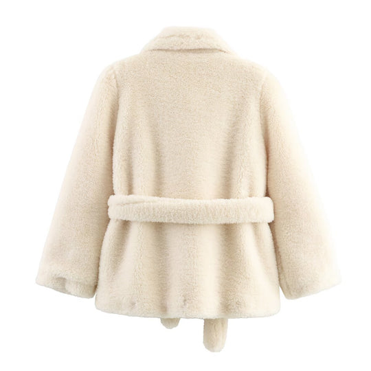 Damen Teddyfelljacke mit Gürtel und weichem Innenfutter EB