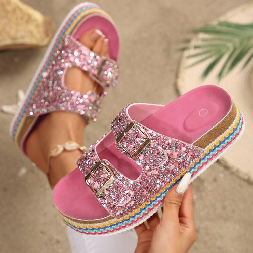 Damen Glitzernde Plateau-Sandalen mit Doppelschnalle und mehrfarbigem Boden EB