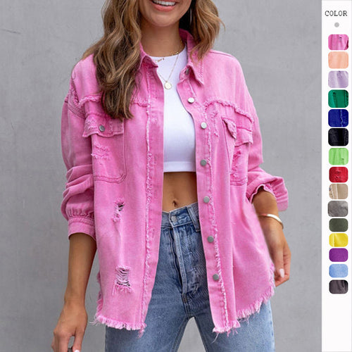Damen nan oversized Jeanshemdjacke mit ausgefranstem Saum und distressed Details EB