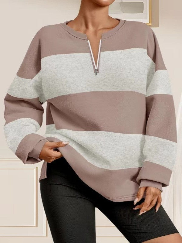 Damen Langarm Sweatshirt mit modernem Reißverschluss und gestreiftem Design EB