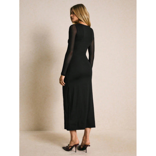Damen Elegantes Wickelkleid mit transparenten Ärmeln und hohem Schlitz EB
