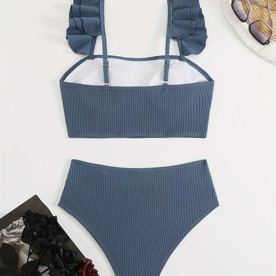 Damen Hochgeschnittenes Badeoberteil mit Rüschendetails und passendem Bikini-Unterteil EB