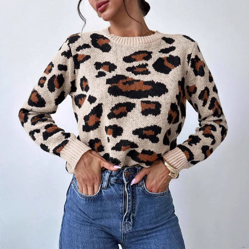Damen kuscheliger Strickpullover mit Leopardenmuster und überschnittenen Schultern EB
