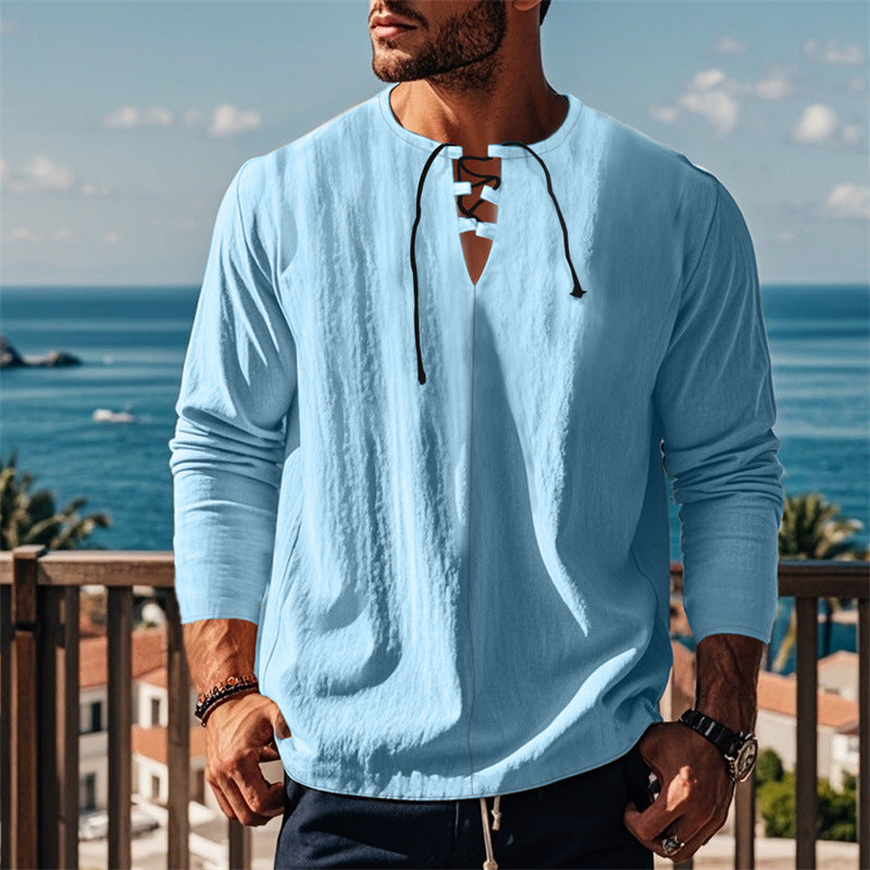 Herren modisches Langarmshirt mit Schnürung und V-Ausschnitt EB