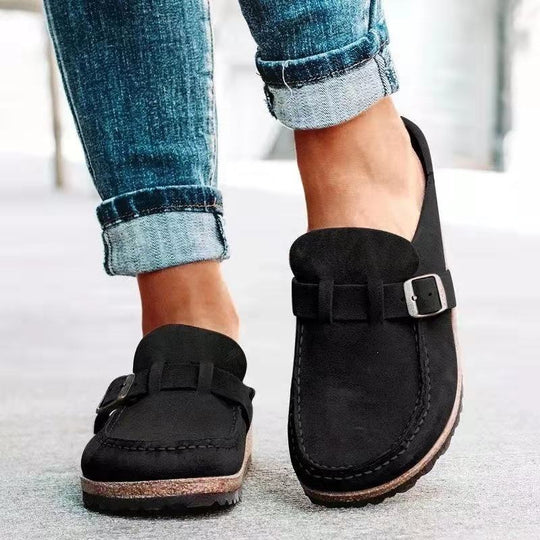 Damen Veloursleder-Slipper mit ergonomischer Korksohle und verstellbarem Schnallenriemen EB