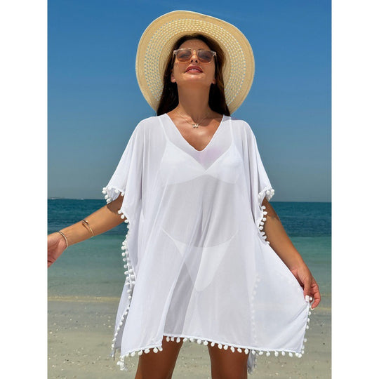 Damen Strandkleid mit dekorativem Pompon-Besatz und elegantem V-Ausschnitt EB