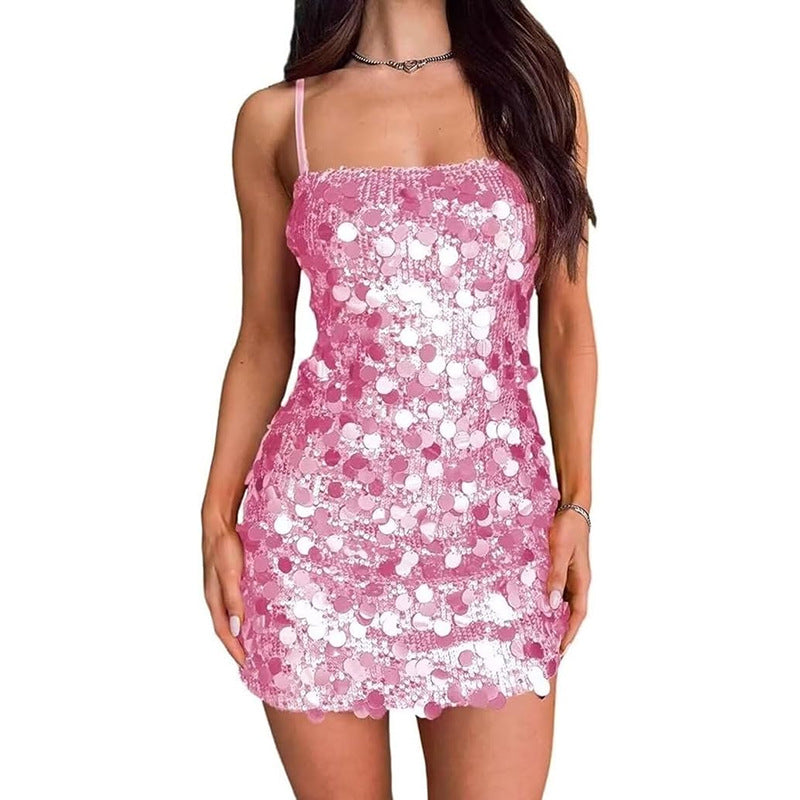 Damen Glitzerndes Minikleid mit Spiralmuster und Spaghettiträgern EB