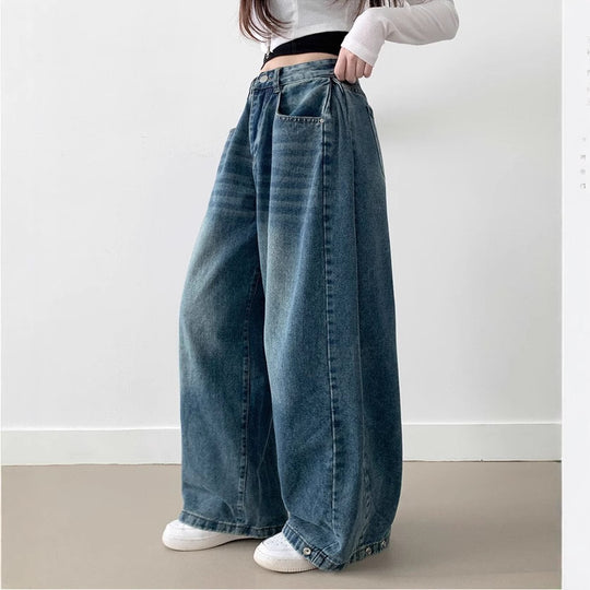 Damen Weite High-Waist Denim-Hose mit Faltenwurf EB