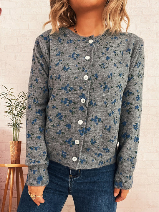 Damen gemütliche Strickjacke mit floralen Mustern und Knopfverschluss EB