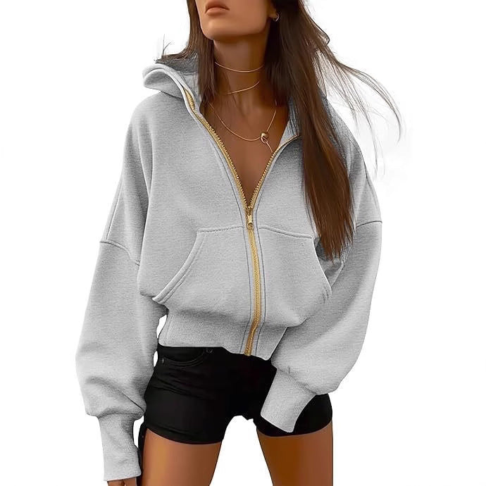 Damen Oversized Kapuzenjacke mit hohem Kragen und goldener Reißverschluss EB