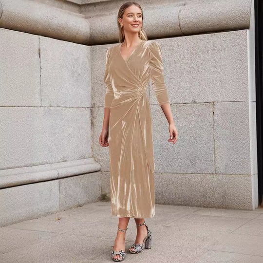 Damen Elegantes Wickelkleid mit Puffärmeln und Goldakzenten EB