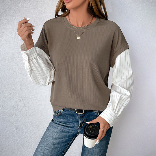 Damen Casual-Longsleeve mit Rippoberteil & gestreiften Blusenärmeln EB