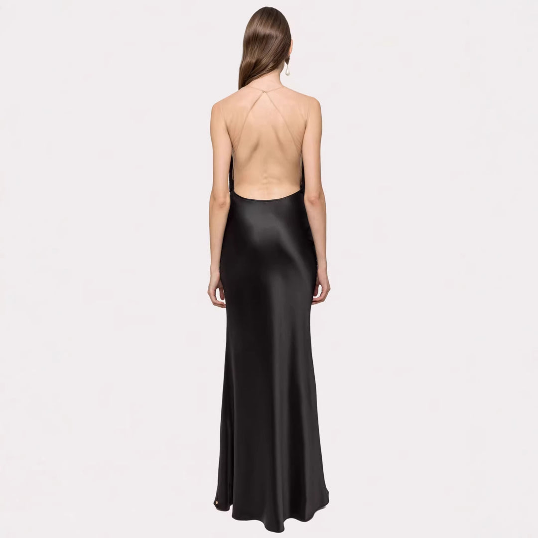 Damen Langärmliges Maxikleid mit tiefem V-Ausschnitt und fransierten Details EB