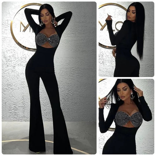 Damen Glamouröses Jumpsuit mit funkelnden Strassdetails und figurbetontem Schnitt EB