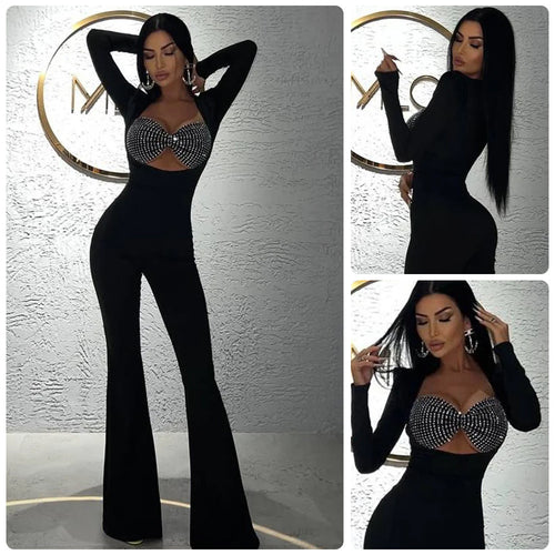 Damen Glamouröses Jumpsuit mit funkelnden Strassdetails und figurbetontem Schnitt EB