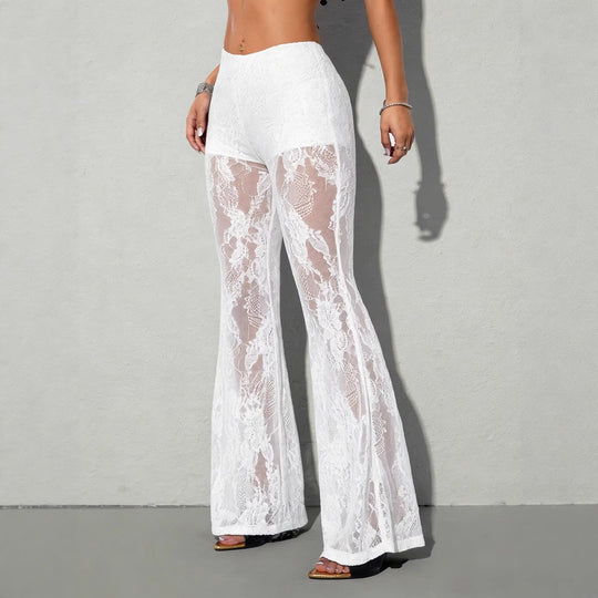 Damen nan hochgeschnittene Spitzen-Schlaghose mit blickdichter Innenshort und floralen Transparenzeinsätzen EB
