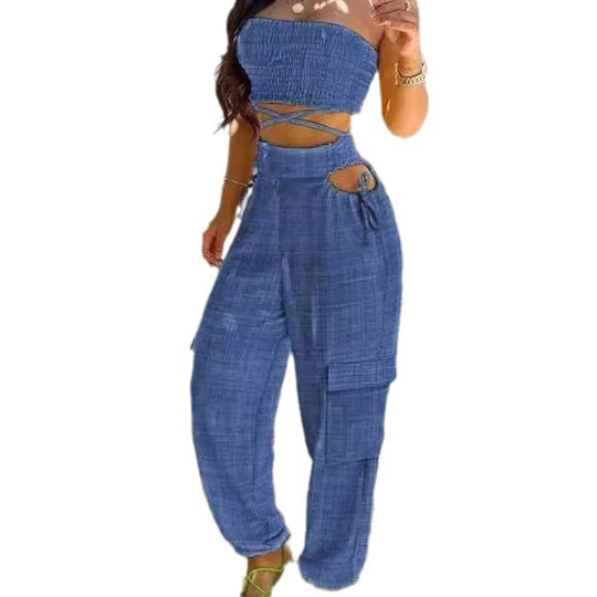 Damen Modischer Zweiteiler bestehend aus Crop Top und Cargo-Hose EB