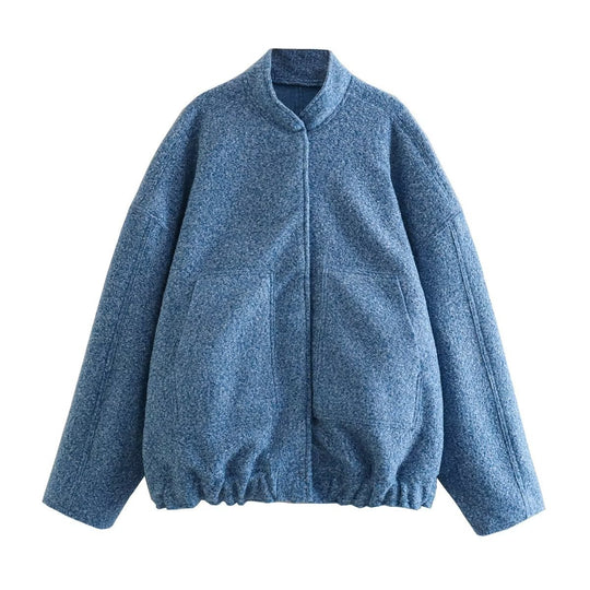 Damen flauschige Oversized-Jacke mit praktischen Taschen und elegantem Stehkragen EB