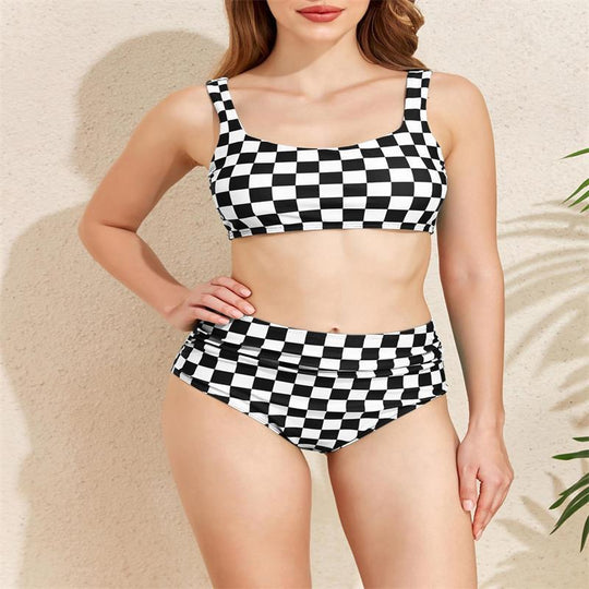 Damen Bikini-Set mit modischem Karomuster und hohem Taillenschnitt EB
