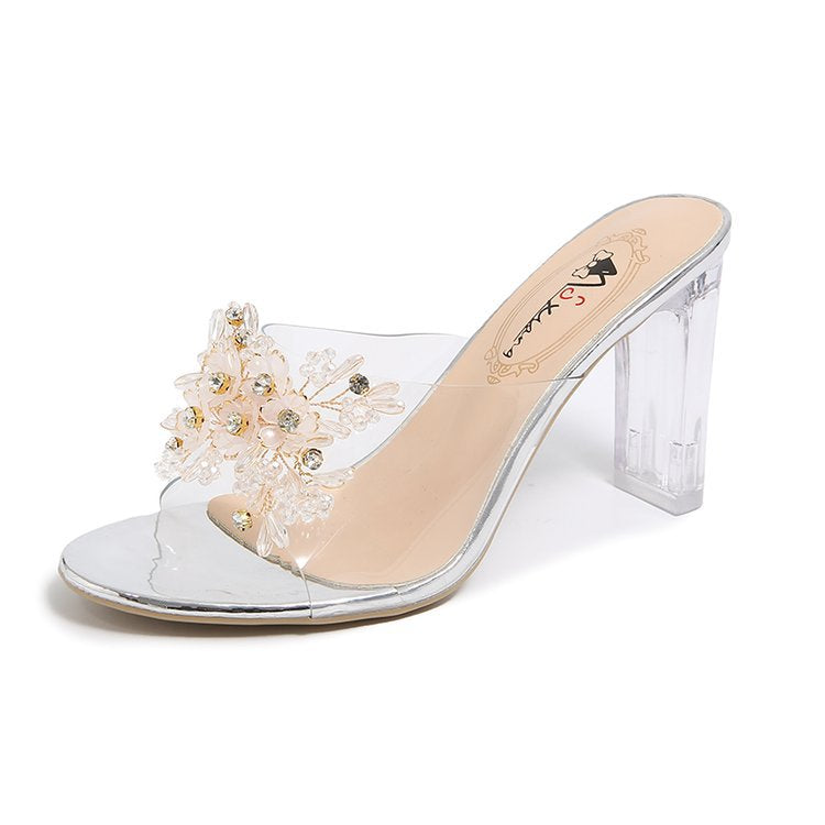 Damen elegante und durchsichtige Mules mit floralem Schmuckdetail EB