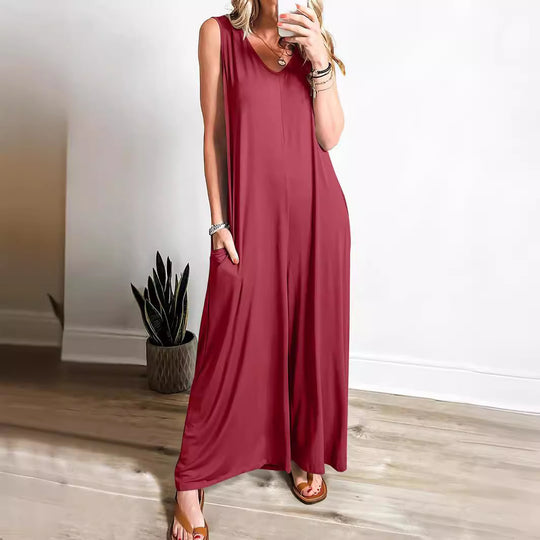Damen ärmelloses Maxikleid mit seitlichen Taschen und fließender Silhouette EB