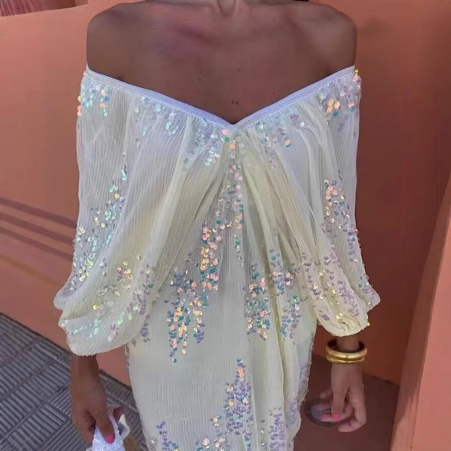 Damen Maxikleid mit voluminösen Puffärmeln und floralem Strassdesign EB