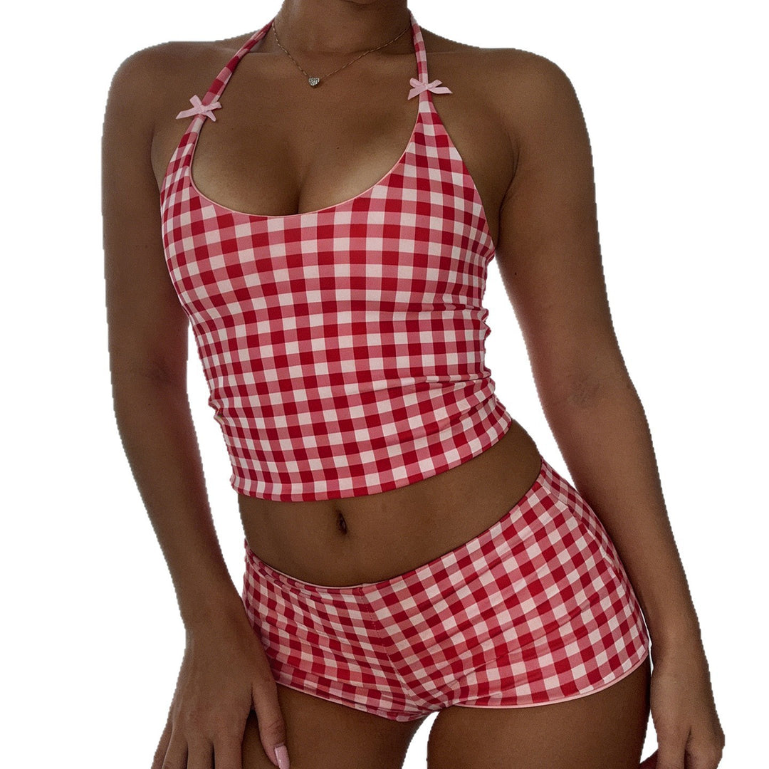 Damen Gingham Muster Badeanzug mit verstellbarem Halter EB